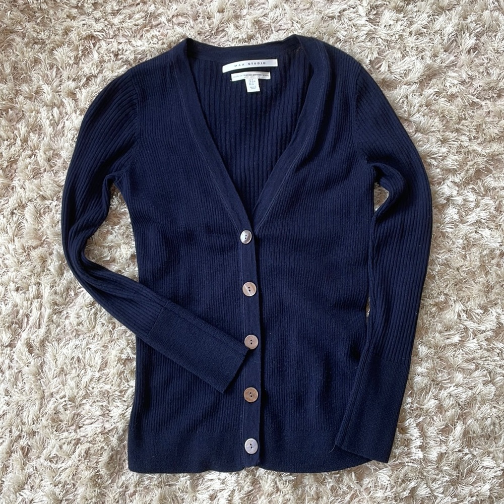 Max Studio lightweight marino wool navy blue button down cardigan M